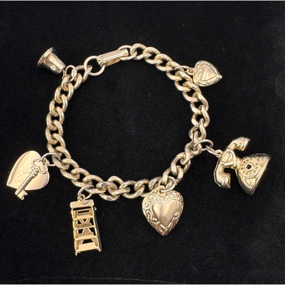 Vintage Sweetheart Curb Link Charm Bracelet Hearts Key Phone Ladder 6.5‎